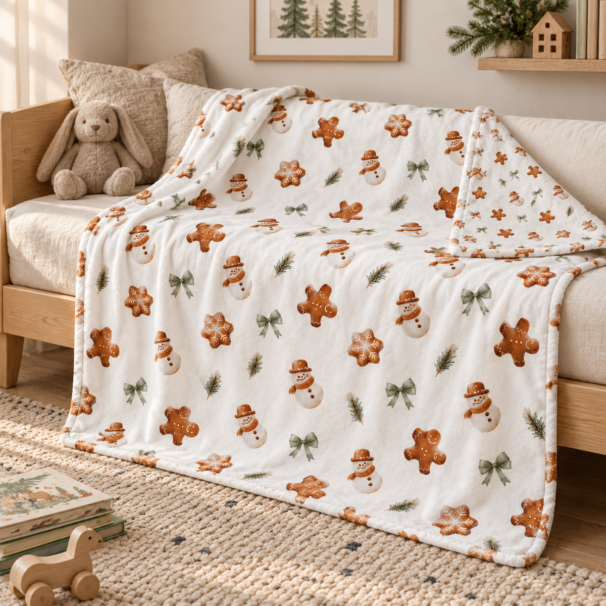 Kuscheldecke „Lebkuchenmännchen“ auf einem Bett ausgebreitet.