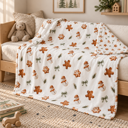 Kuscheldecke „Lebkuchenmännchen“ auf einem Bett ausgebreitet.