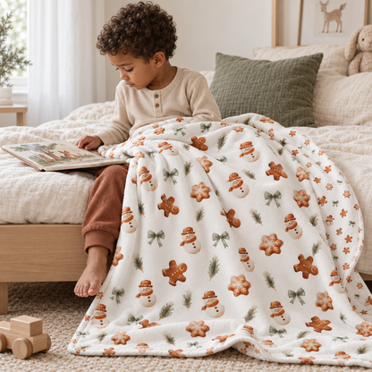 Kind liest auf dem Sofa unter der Kuscheldecke „Lebkuchenmännchen“.