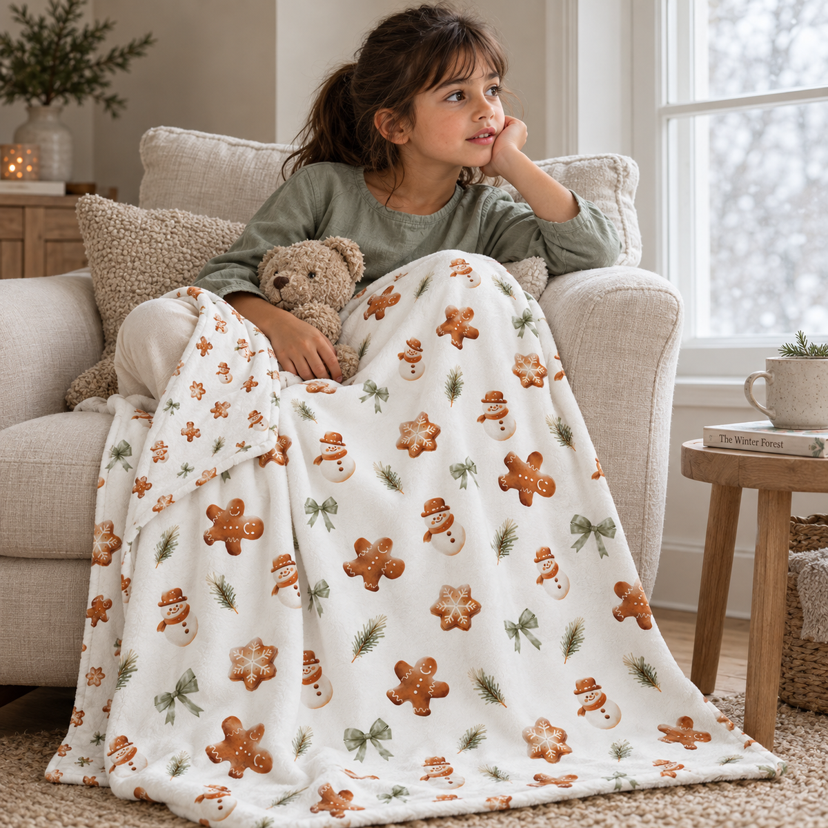 Kind auf dem Sofa, eingekuschelt in die Kuscheldecke „Lebkuchenmännchen“.