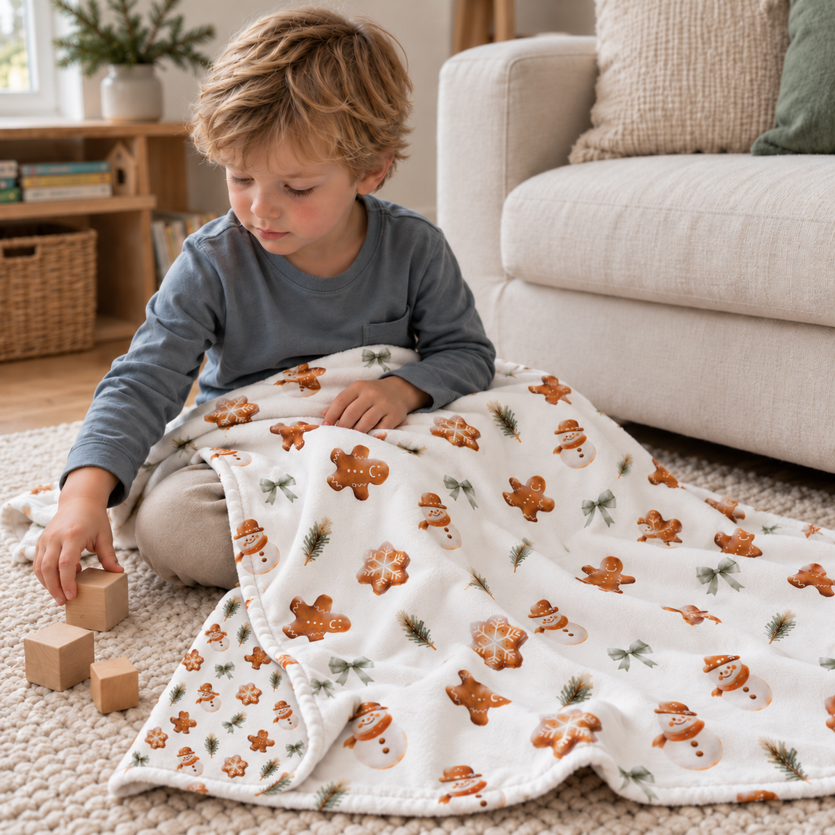 Kind spielt am Boden mit der Kuscheldecke „Lebkuchenmännchen“.