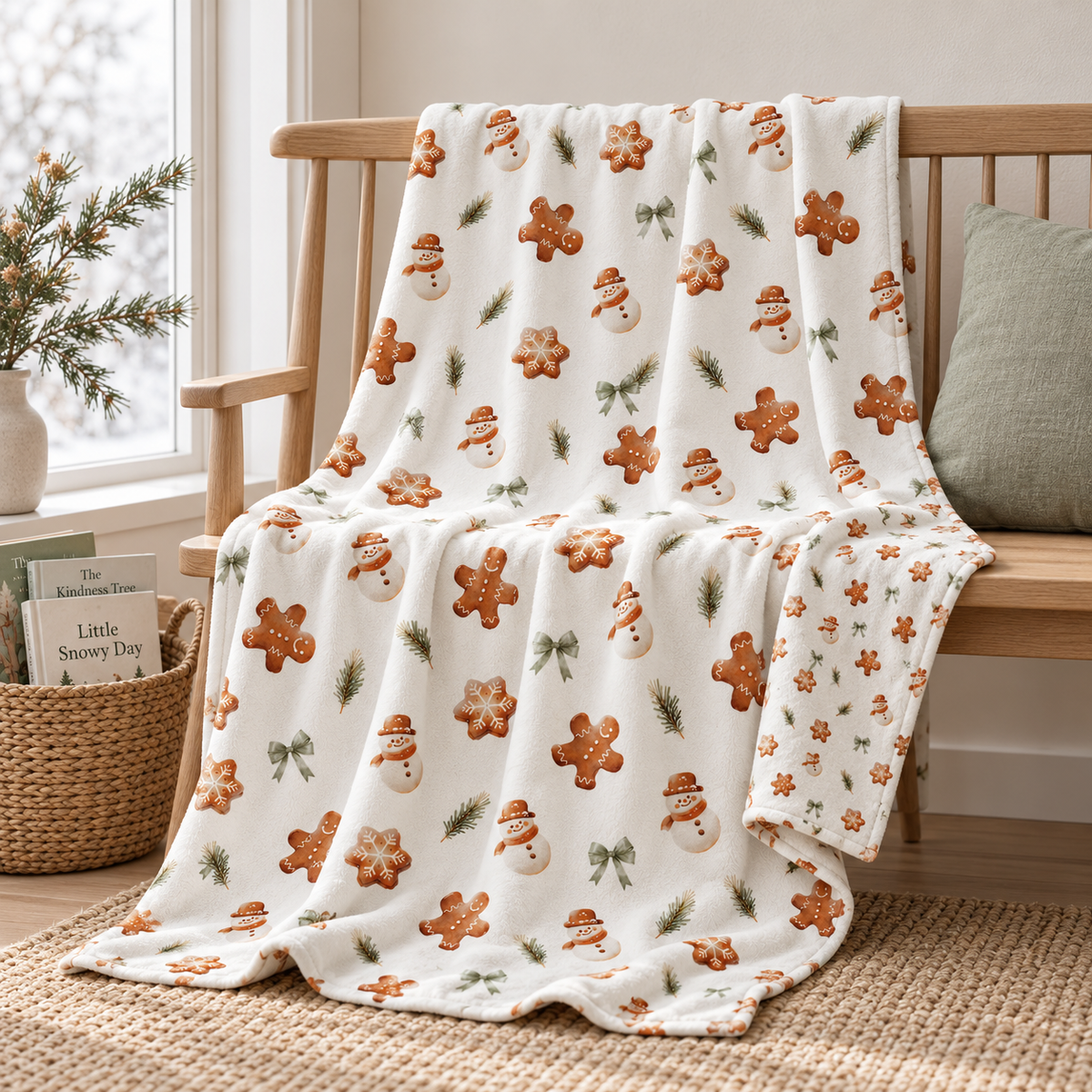 Kuscheldecke „Lebkuchenmännchen“ über einem Sessel im gemütlichen Wohnraum.