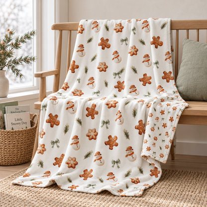 Kuscheldecke „Lebkuchenmännchen“ über einem Sessel im gemütlichen Wohnraum.