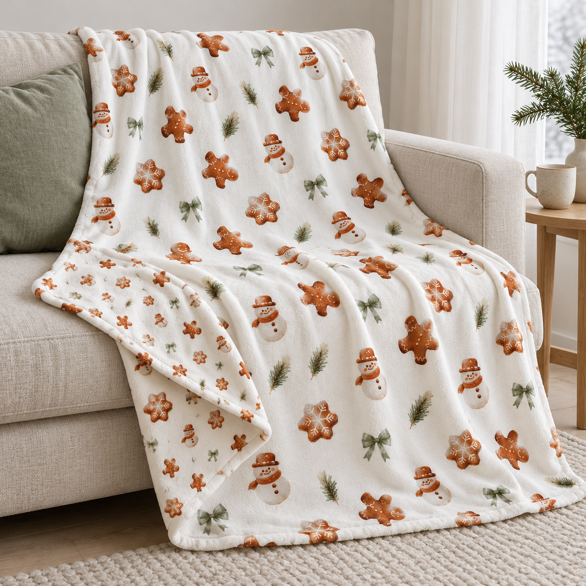 Kuscheldecke „Lebkuchenmännchen“ über einem Sofa drapiert.