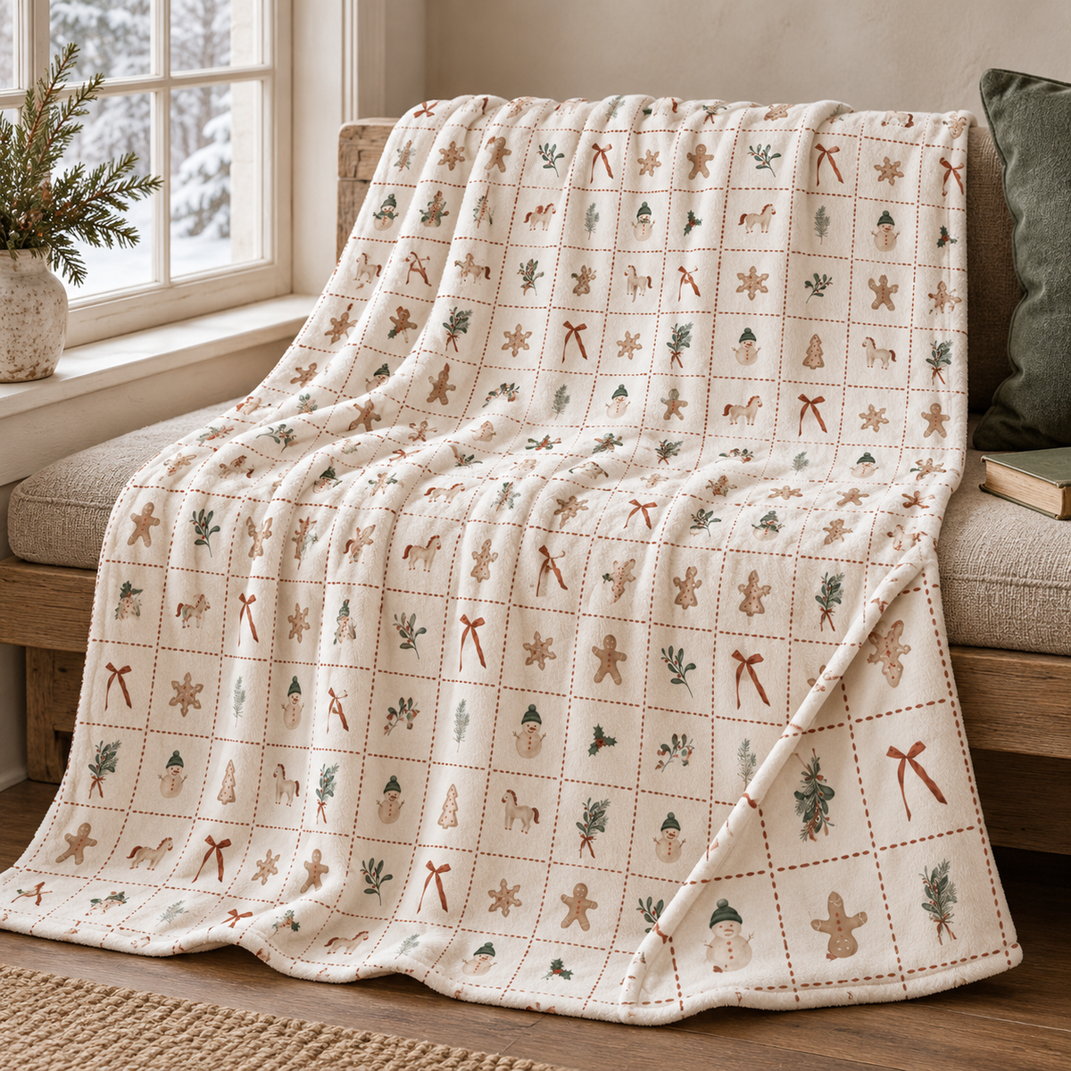 Kuscheldecke „Merry Patch“ über einer gepolsterten Fensterbank.