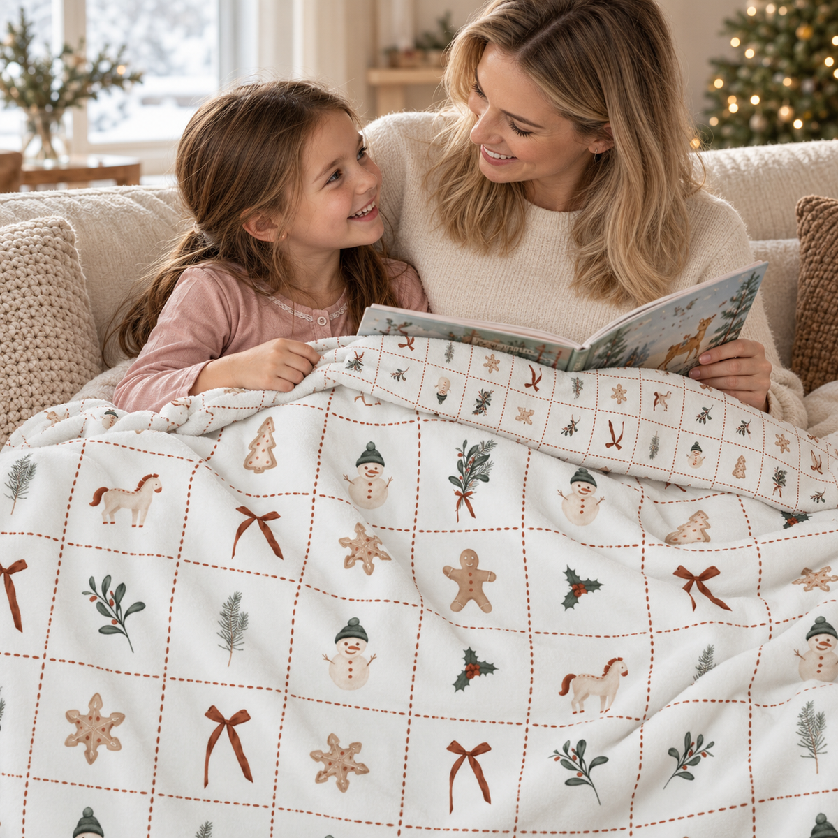 Eine Frau und ein Kind lesen auf dem Sofa unter der Kuscheldecke „Merry Patch“.