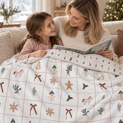 Eine Frau und ein Kind lesen auf dem Sofa unter der Kuscheldecke „Merry Patch“.