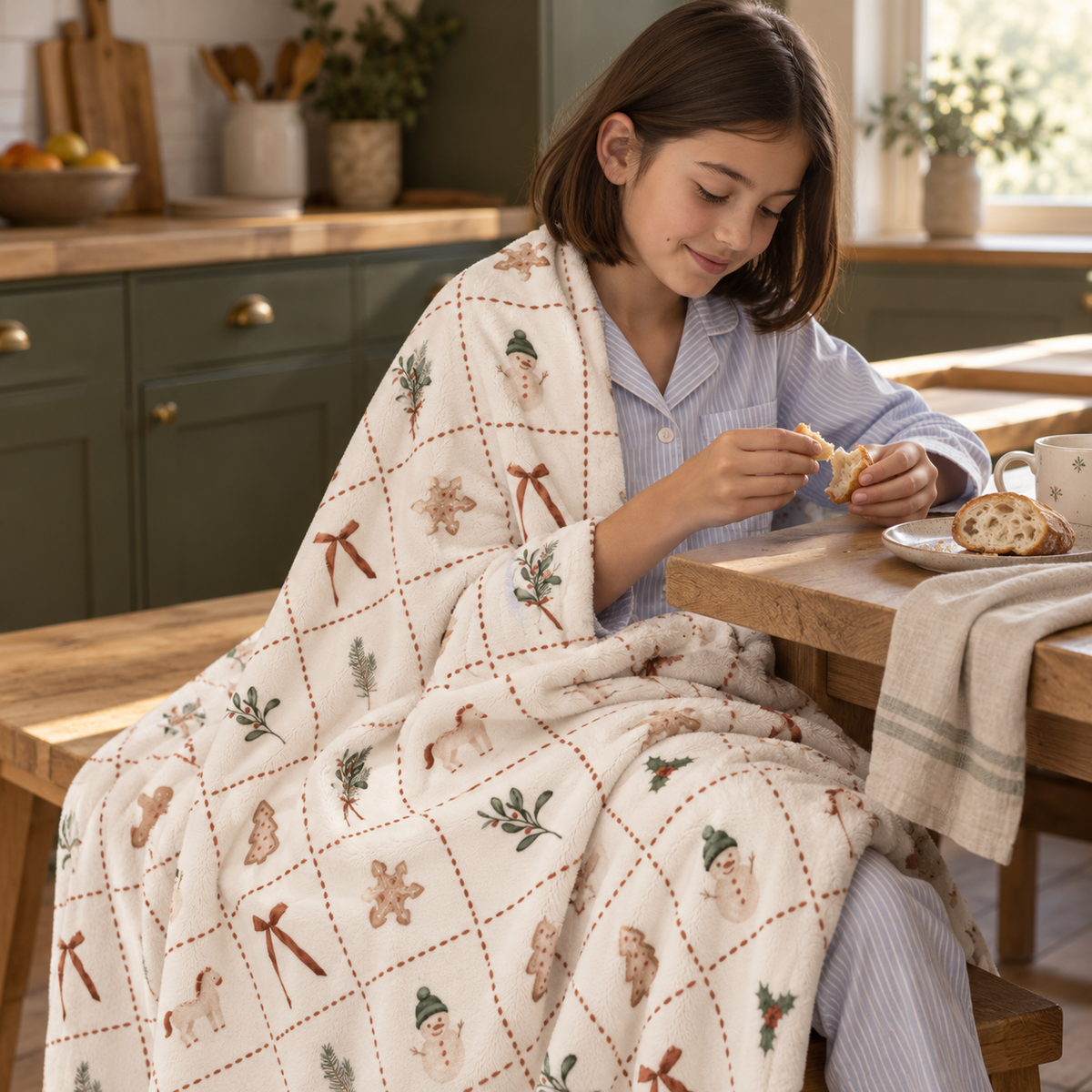 Kind am Tisch mit Plätzchen, eingehüllt in die Kuscheldecke „Merry Patch“.