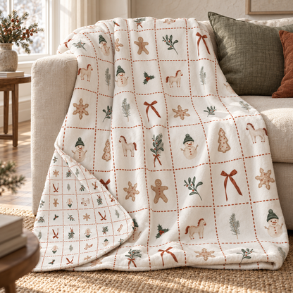Kuscheldecke „Merry Patch“ über einem Sofa.