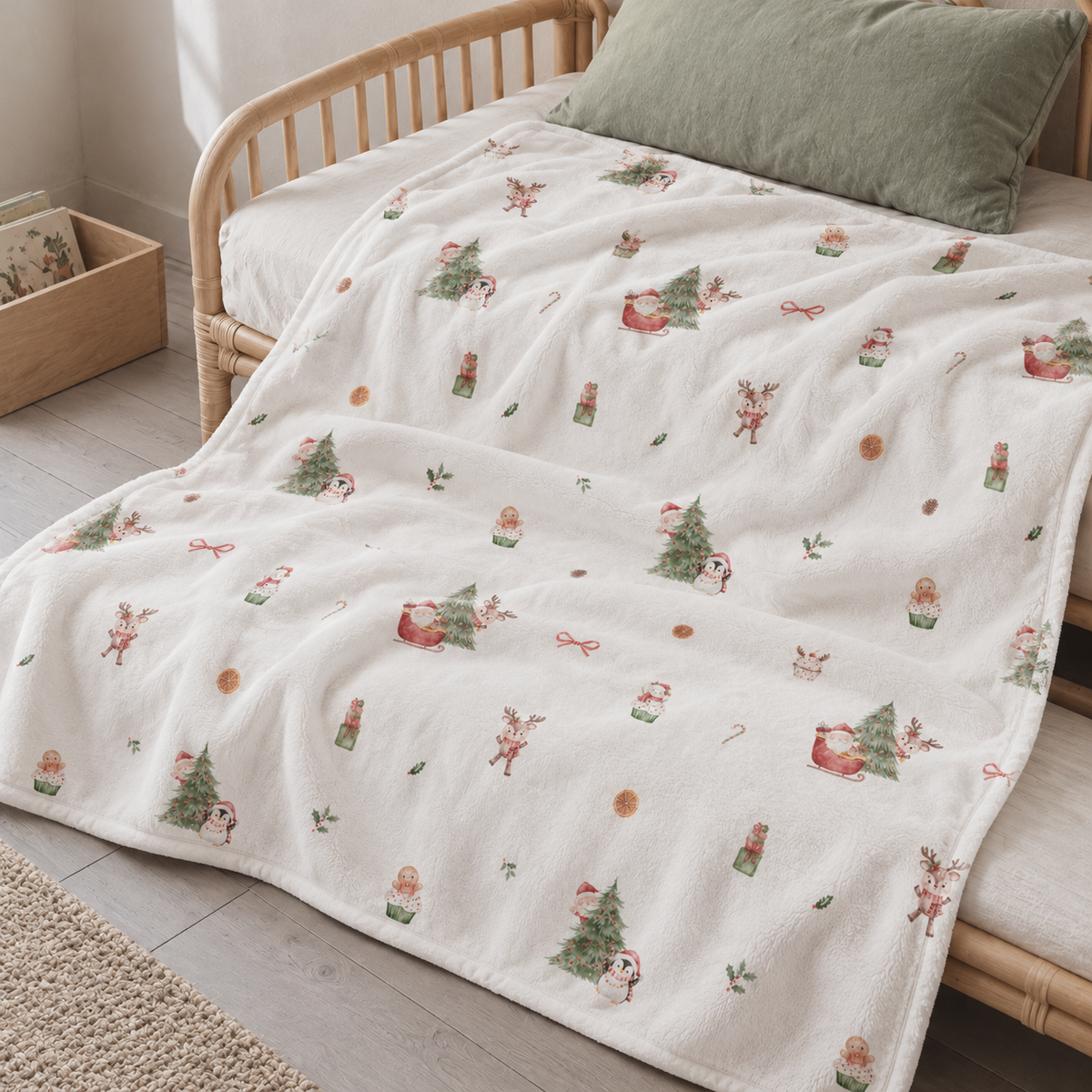 Kuscheldecke „Nordic Santa“ auf einem Bett ausgebreitet.
