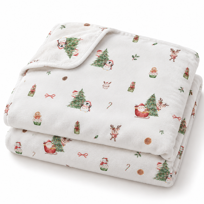 Gefaltete Kuscheldecke „Nordic Santa“ mit umgeschlagener Ecke auf weißem Hintergrund.