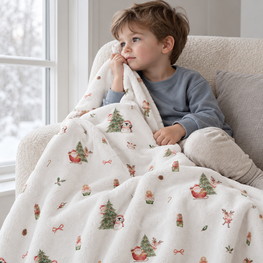 Un enfant sur un canapé, blotti dans le plaid « Nordic Santa ».