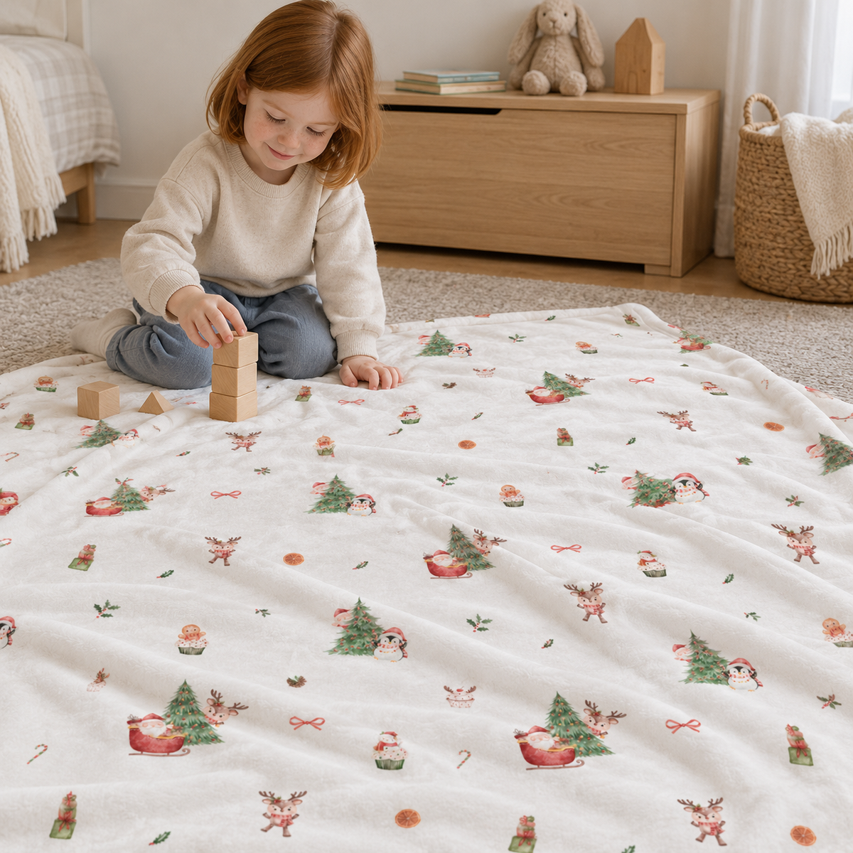 Kind spielt am Boden mit der Kuscheldecke „Nordic Santa“.