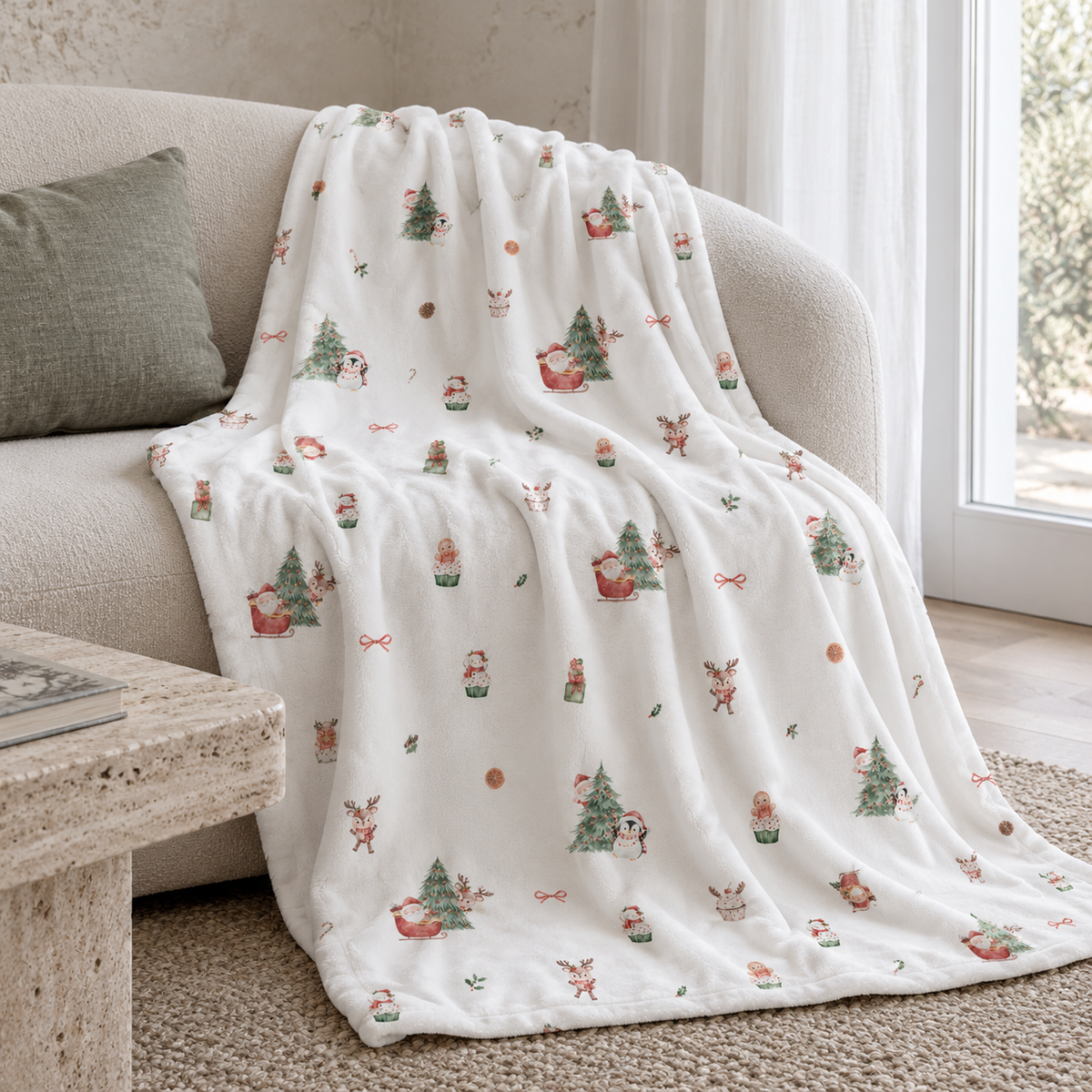 Kuscheldecke „Nordic Santa“ über einem Sofa drapiert.