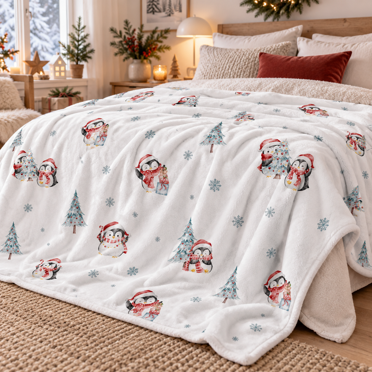 Kuscheldecke „Pinguine“ auf einem Bett ausgebreitet.