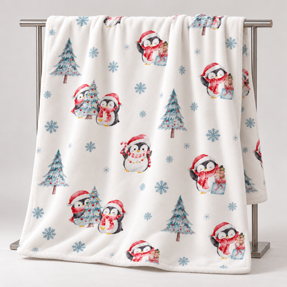 Kuscheldecke „Pinguine“ über einem Ständer, mit gut sichtbarem Motiv.