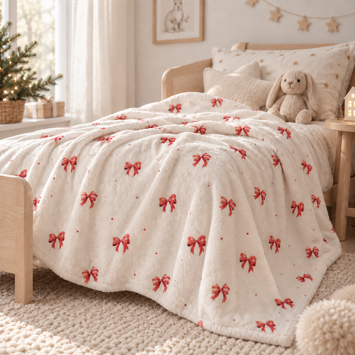 Kuscheldecke „Schleifen“ auf einem Bett ausgebreitet.