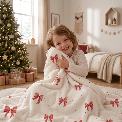Kind auf dem Boden, eingekuschelt in die Kuscheldecke „Schleifen“.