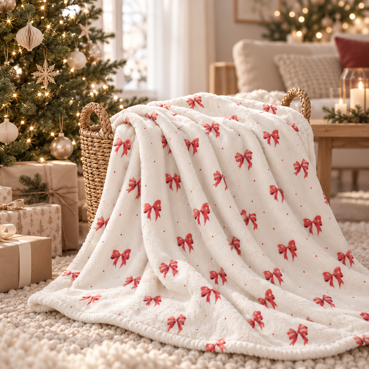 Kuscheldecke „Schleifen“ über einem Sessel im gemütlichen Wohnraum.