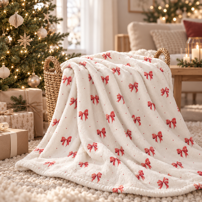 Kuscheldecke „Schleifen“ über einem Sessel im gemütlichen Wohnraum.