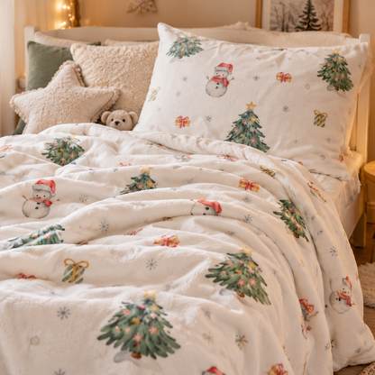 Kuscheldecke „Schneemann“ auf einem Bett ausgebreitet.