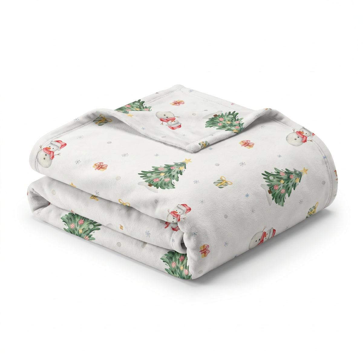 Gefaltete Kuscheldecke „Schneemann“ mit umgeschlagener Ecke auf weißem Hintergrund.