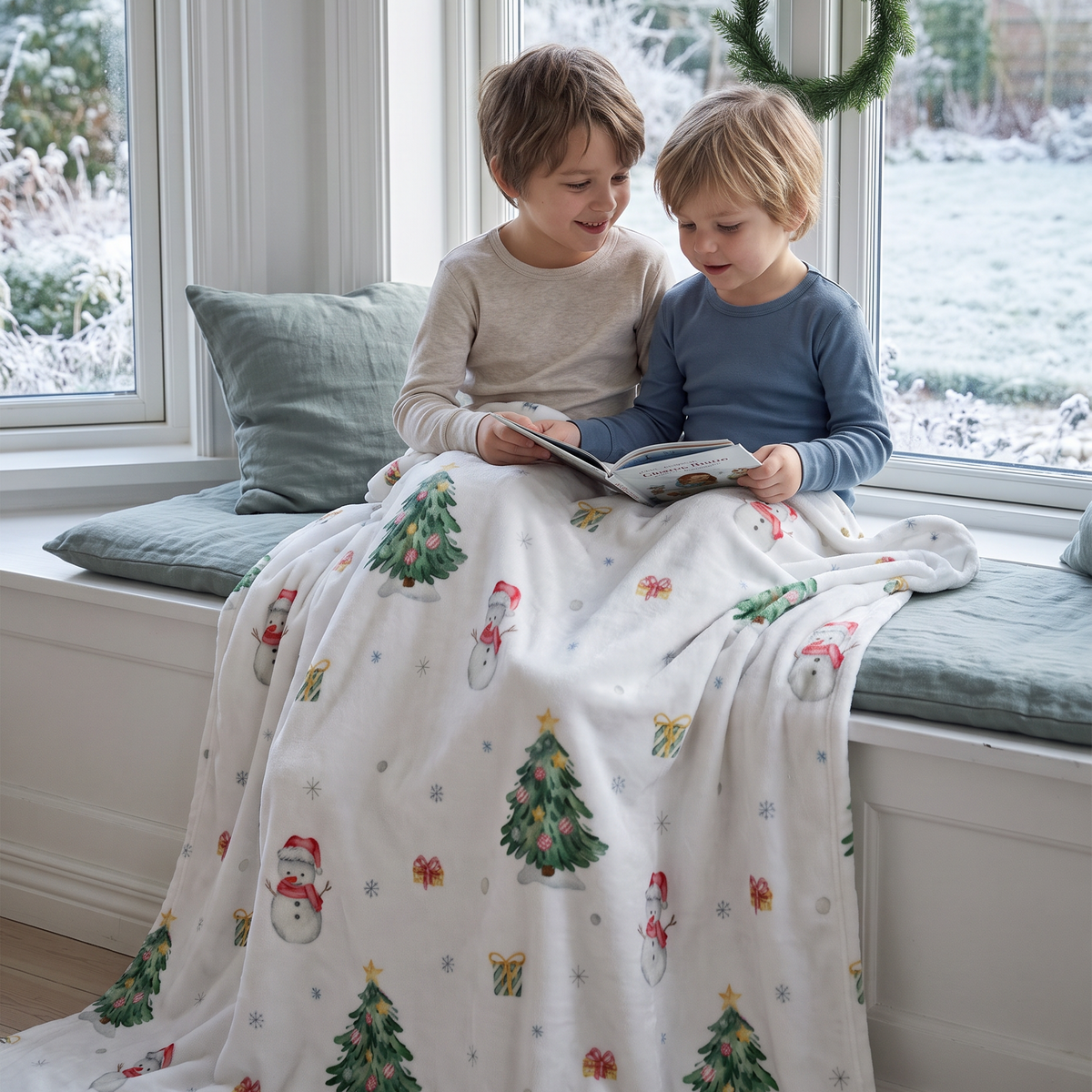 Zwei Kinder lesen auf einer Fensterbank unter der Kuscheldecke „Schneemann“.