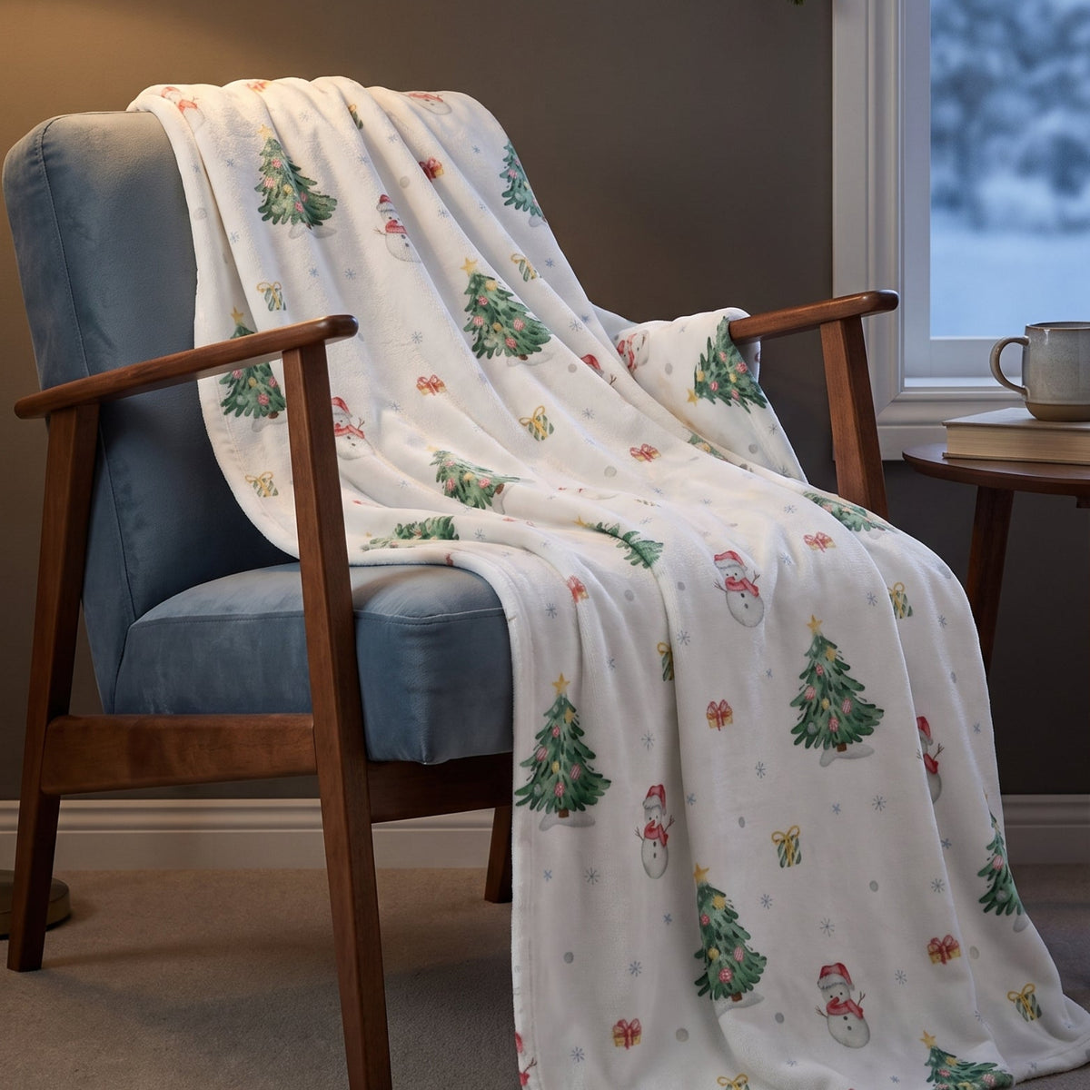 Kuscheldecke „Schneemann“ über einem Sessel im gemütlichen Wohnraum.