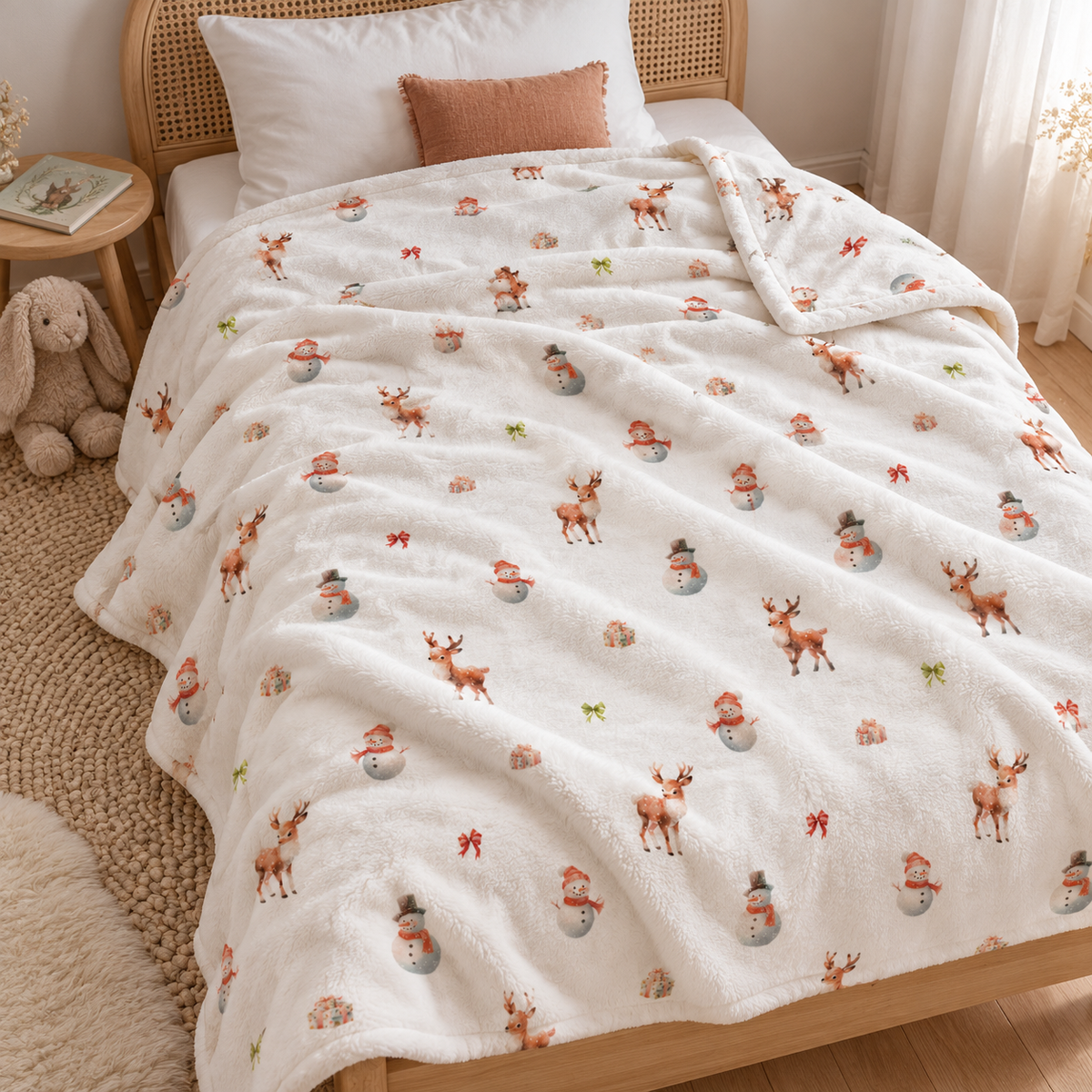Kuscheldecke „Schneemann und Rehe“ auf einem Bett ausgebreitet.