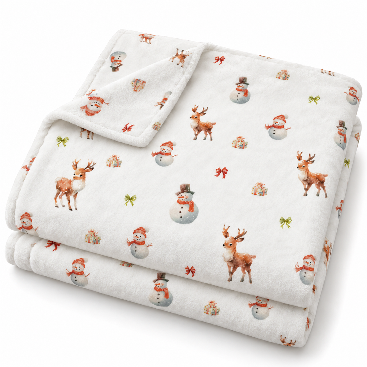 Gefaltete Kuscheldecke „Schneemann und Rehe“ mit umgeschlagener Ecke auf weißem Hintergrund.