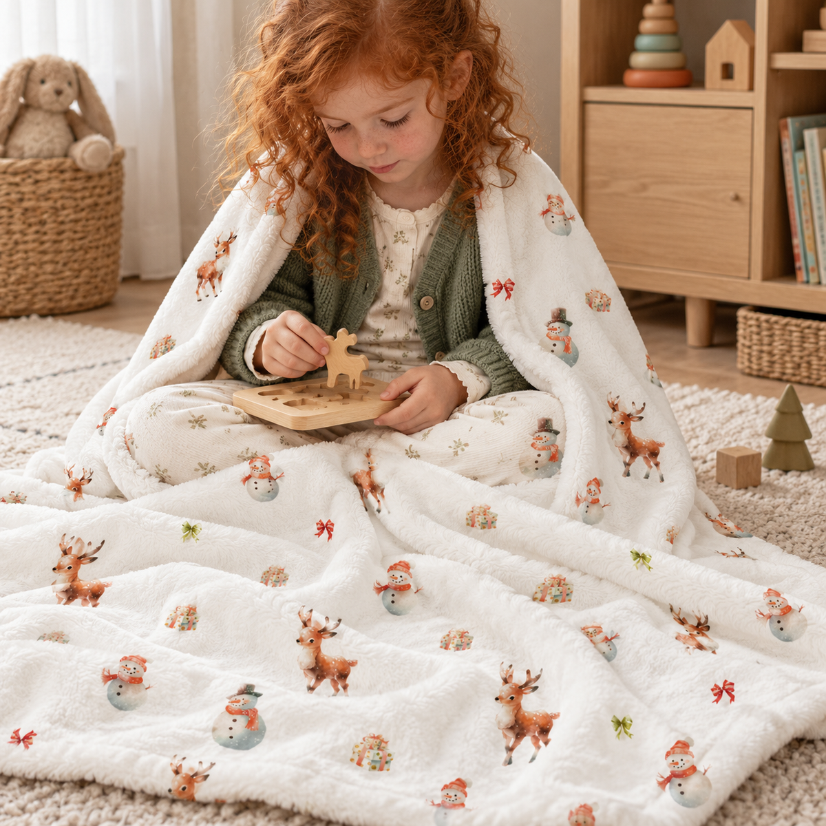 Kind liest am Boden, eingekuschelt in die Kuscheldecke „Schneemann und Rehe“.