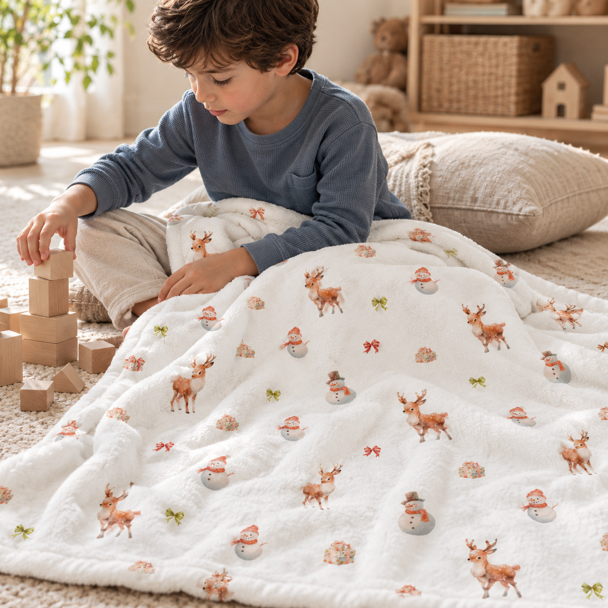 Kind spielt am Boden mit der Kuscheldecke „Schneemann und Rehe“.