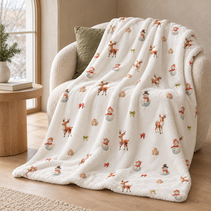 Kuscheldecke „Schneemann und Rehe“ über einem Sessel im gemütlichen Wohnraum.