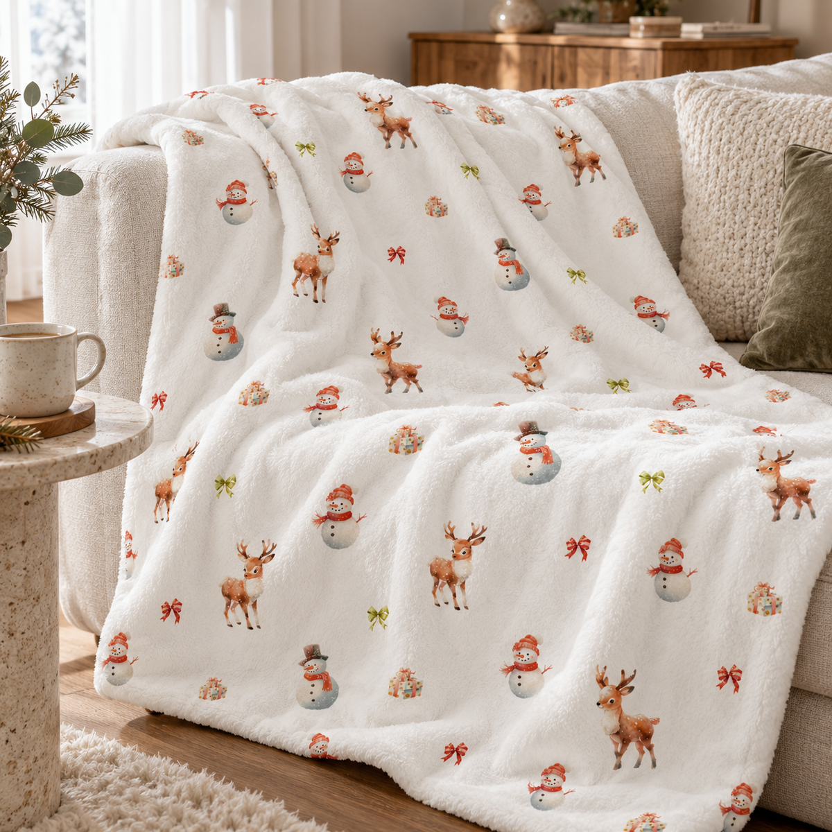 Kuscheldecke „Schneemann und Rehe“ über einem Sofa drapiert.