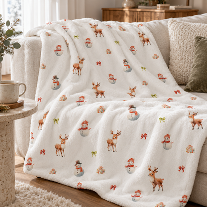 Kuscheldecke „Schneemann und Rehe“ über einem Sofa drapiert.
