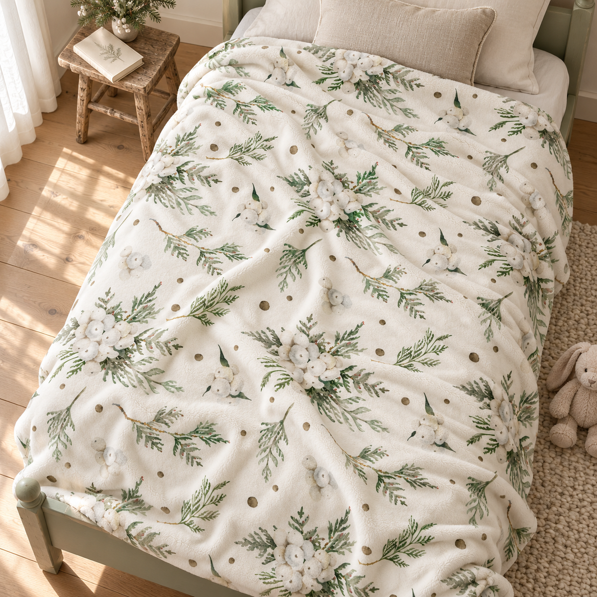 Kuscheldecke „Snowberry“ auf einem Bett ausgebreitet.