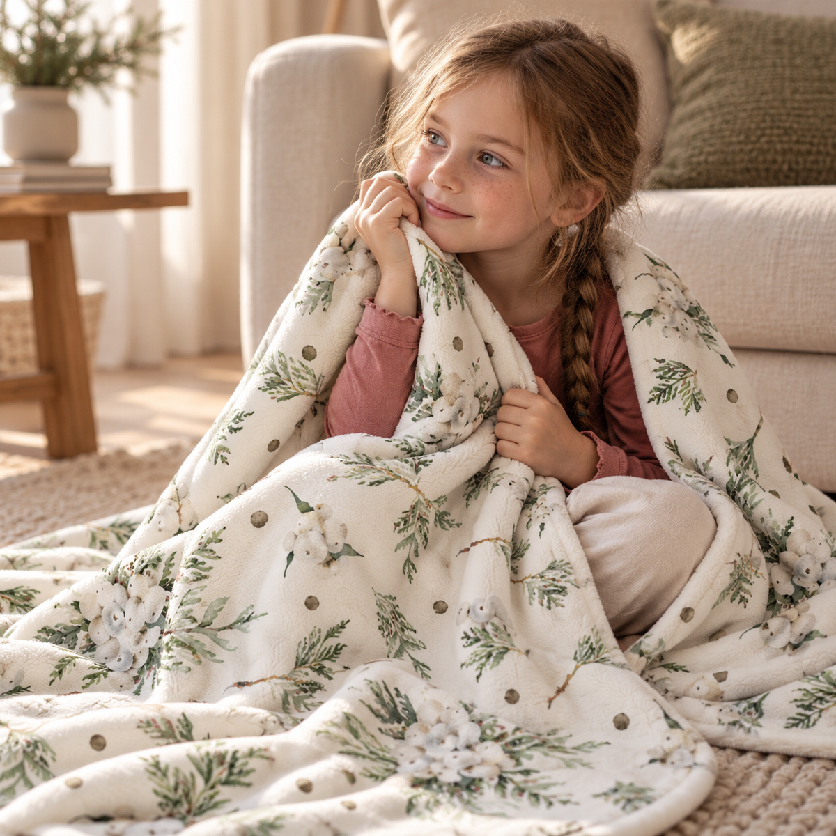 Kind auf dem Teppich, eingekuschelt in die Kuscheldecke „Snowberry“.