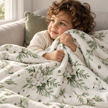 Kind im Sessel, eingekuschelt in die Kuscheldecke „Snowberry“.