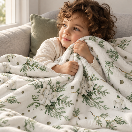 Un enfant dans un fauteuil, blotti sous le plaid « Snowberry ».