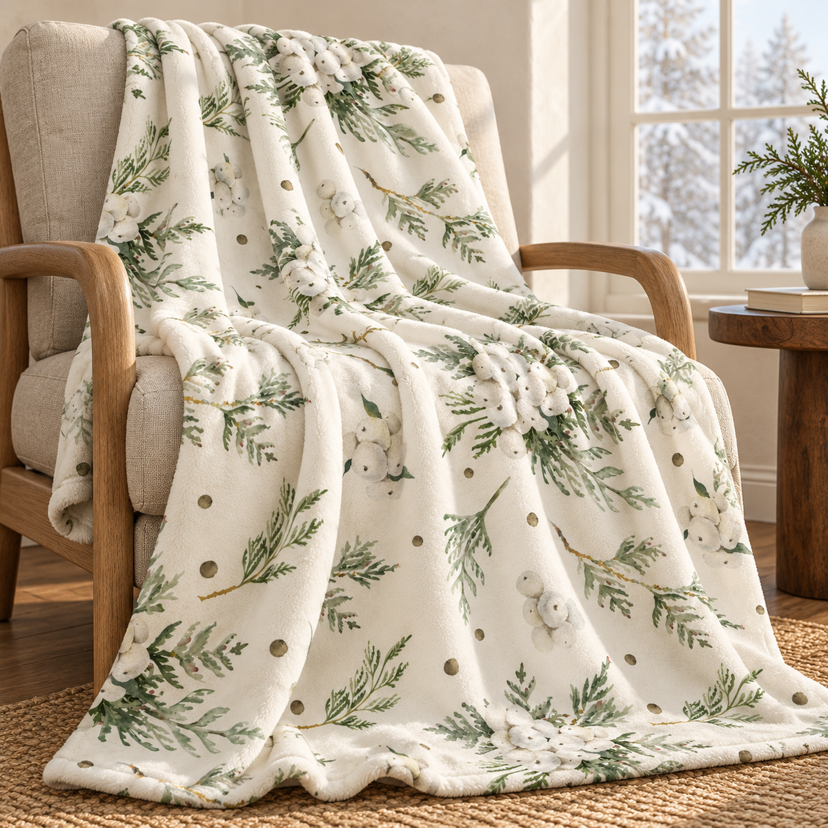 Kuscheldecke „Snowberry“ über einem Sessel im gemütlichen Wohnraum.