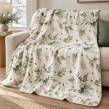 Kuscheldecke „Snowberry“ über einem Sofa.