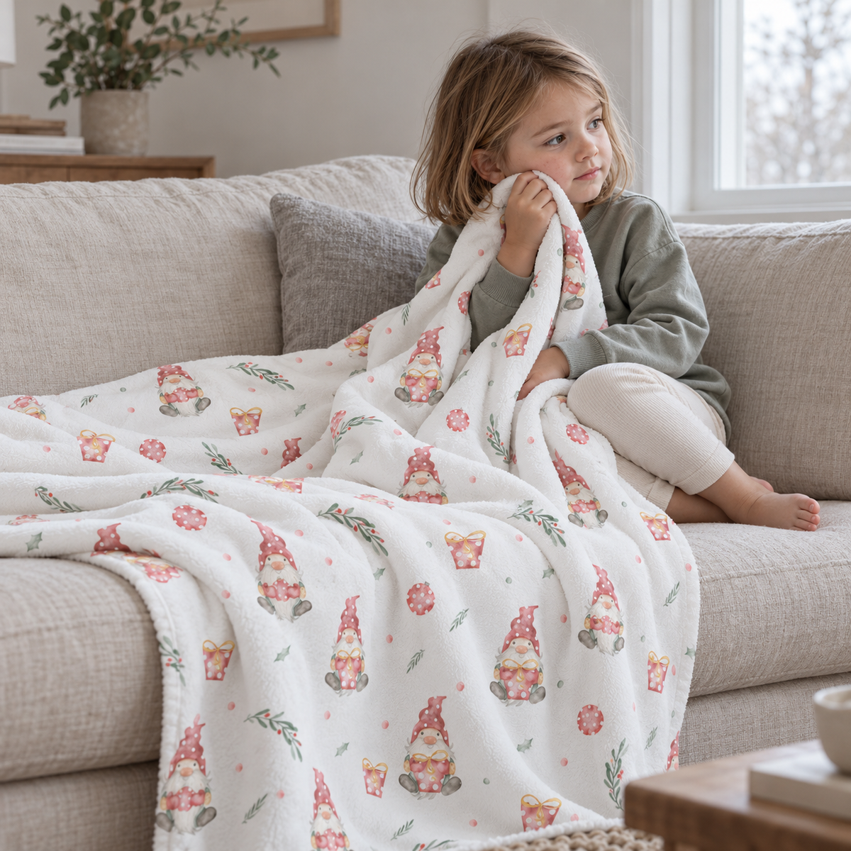 Kind auf dem Sofa, eingekuschelt in die Kuscheldecke „Weihnachtself“.