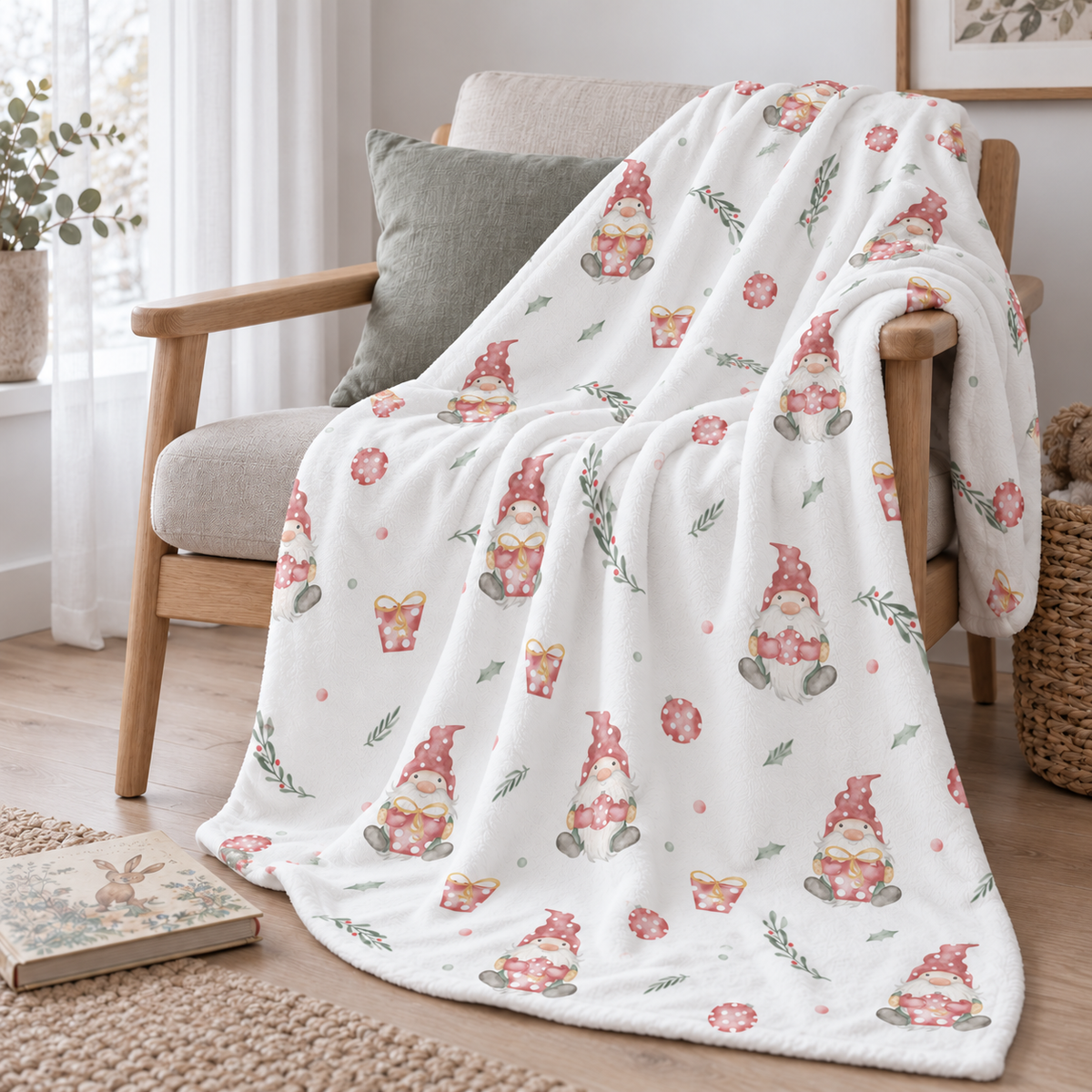 Kuscheldecke „Weihnachtself“ über einem Sessel im gemütlichen Wohnraum.