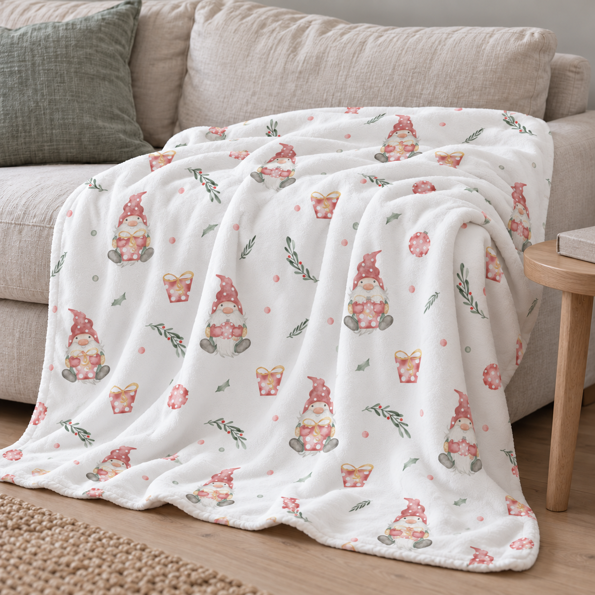 Kuscheldecke „Weihnachtself“ über einem Sofa drapiert.