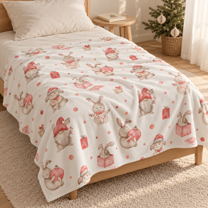 Kuscheldecke „Weihnachtshasen“ auf einem Bett ausgebreitet.