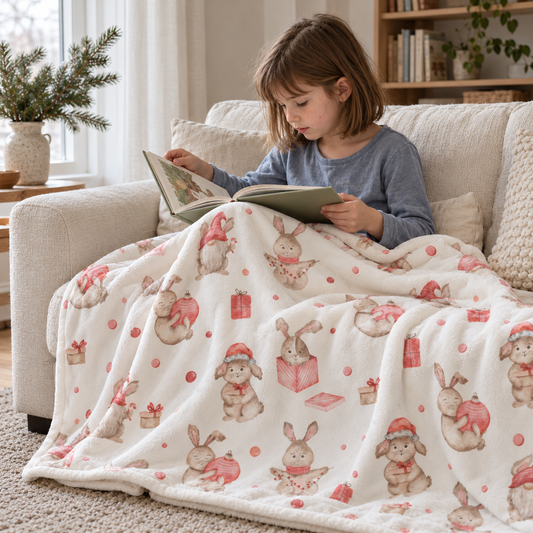 Un enfant lit sur un canapé sous le plaid « Lapins de Noël ».