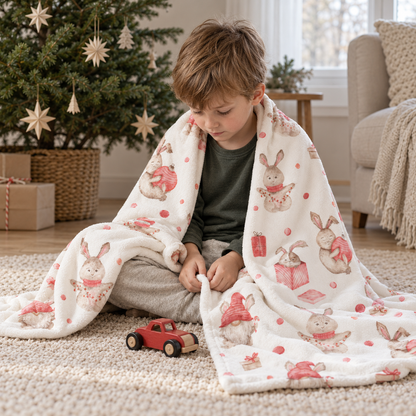 Kind spielt am Boden mit der Kuscheldecke „Weihnachtshasen“.