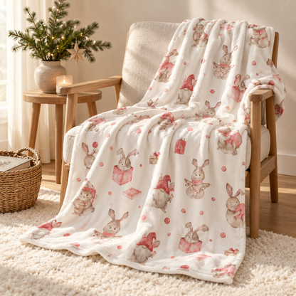 Kuscheldecke „Weihnachtshasen“ über einem Sessel im gemütlichen Wohnraum.