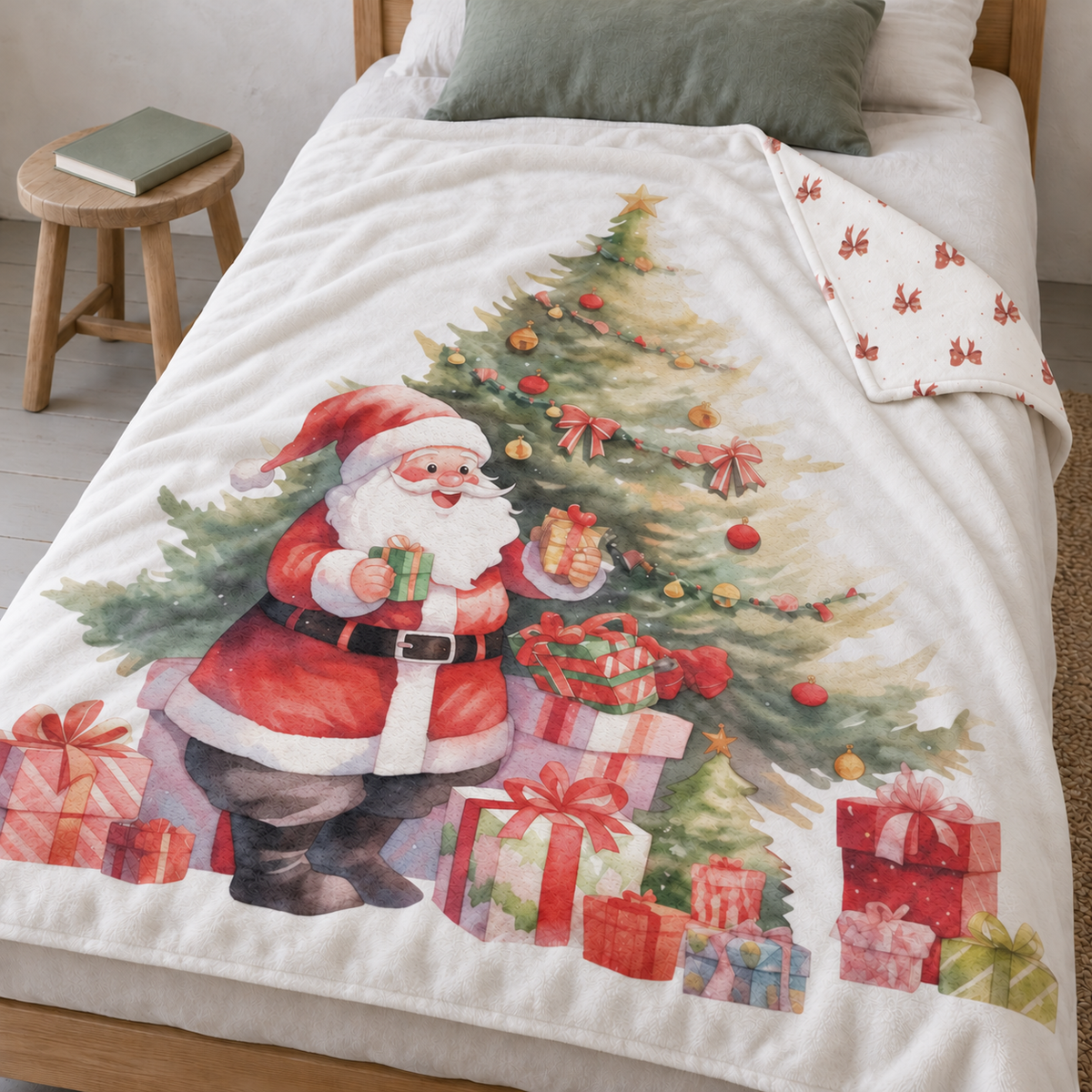 Kuscheldecke „Weihnachtsmann“ auf einem Bett ausgebreitet.