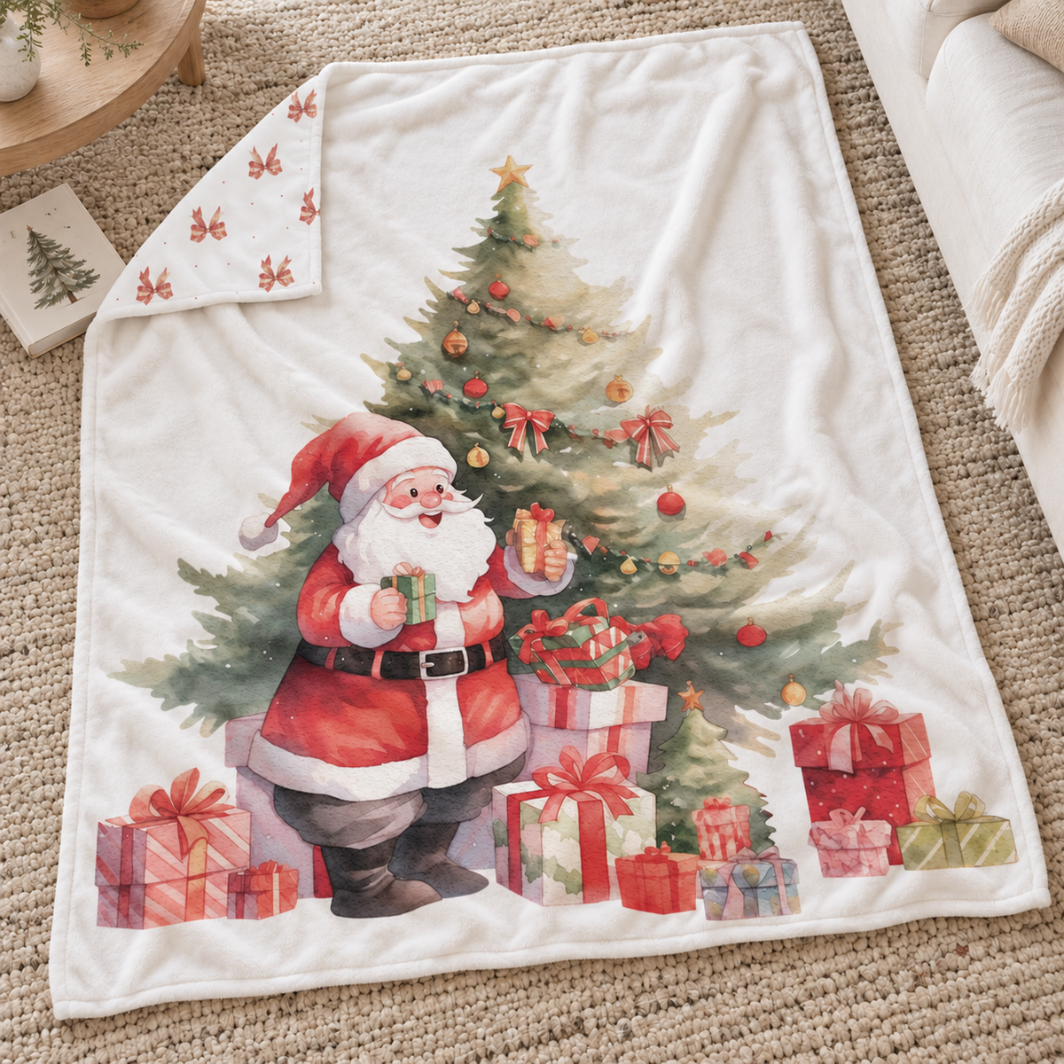 Kuscheldecke „Weihnachtsmann“ auf einem Teppich ausgebreitet, mit sichtbarer Rückseite an der Ecke.